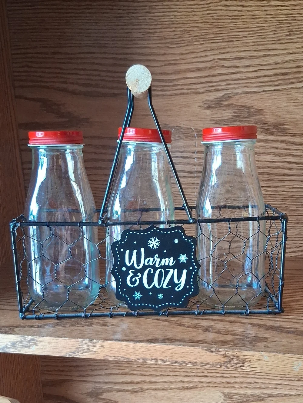 Warm & Cozy Rustic Wire Milk Bottle Caddy with Red Lids